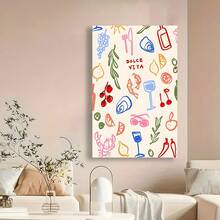 Framed Dolce Vita Canvas Wall Art Print – Vibrant Art Deco Modern Retro Style, Colorful Cartoon Illustration With Italian-Inspired Food & Lifestyle Designs, Perfect For Living Room, Bedroom, Kitchen, Or Home Office Decor For Halloween, Christmas, Living Room, Room And Bathroom Decorations - Đóng khung - Xem 3