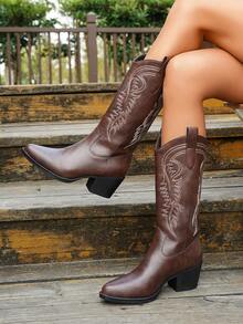 2025 New Brown Cowboy Boots For Women, Knee-High Travel & Party Wear V-Cut Slip-On Mid-Calf Boots, Autumn/Winter - Coffee Brown - View 1