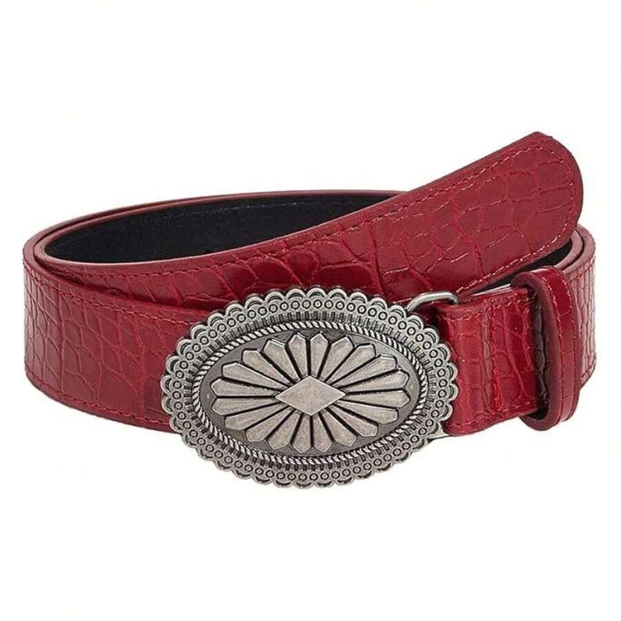 Women Red Leather Belt Silver Buckle - Cowgirl Belts For Jeans Y2K Style - Country Western Waist Belt For Ladies - Adjustable Fashion Accessory - 多色855 - 查看 1