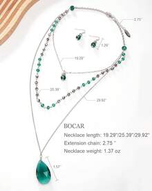 Conjunto de joyería Bocar de 3 capas con collar de cuentas y pendiente de cadena larga para mujer - Verde Oscuro - Ver 3