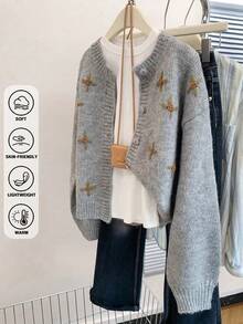 JIANHU 灰色花卉刺绣针织开衫 - 秋冬款，圆领纽扣开襟 | 圣诞市场和舒适咖啡馆 - 灰色 - 查看 3