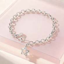 1 pieza Pulsera de plata de ley 925 con pentágono y cristal de circonita, joya de regalo versátil y minimalista de moda para mujeres - Plateado - Ver 2