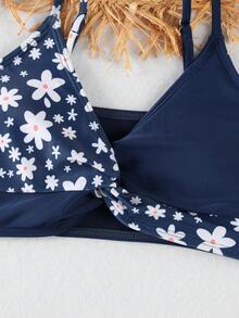 少女三件套雏菊拼接比基尼泳衣套装 - 彩色 - 查看 3