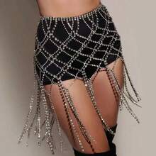 1pc Long Fringe Rhinestone Dress For Women Flower Belt Body Chain Jewelry Crystal Silver Skirt For Stage Party Accessories - Style 1 - View 1