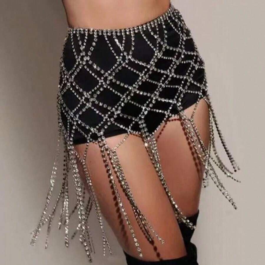 1pc Long Fringe Rhinestone Dress For Women Flower Belt Body Chain Jewelry Crystal Silver Skirt For Stage Party Accessories - Style 1 - View 1