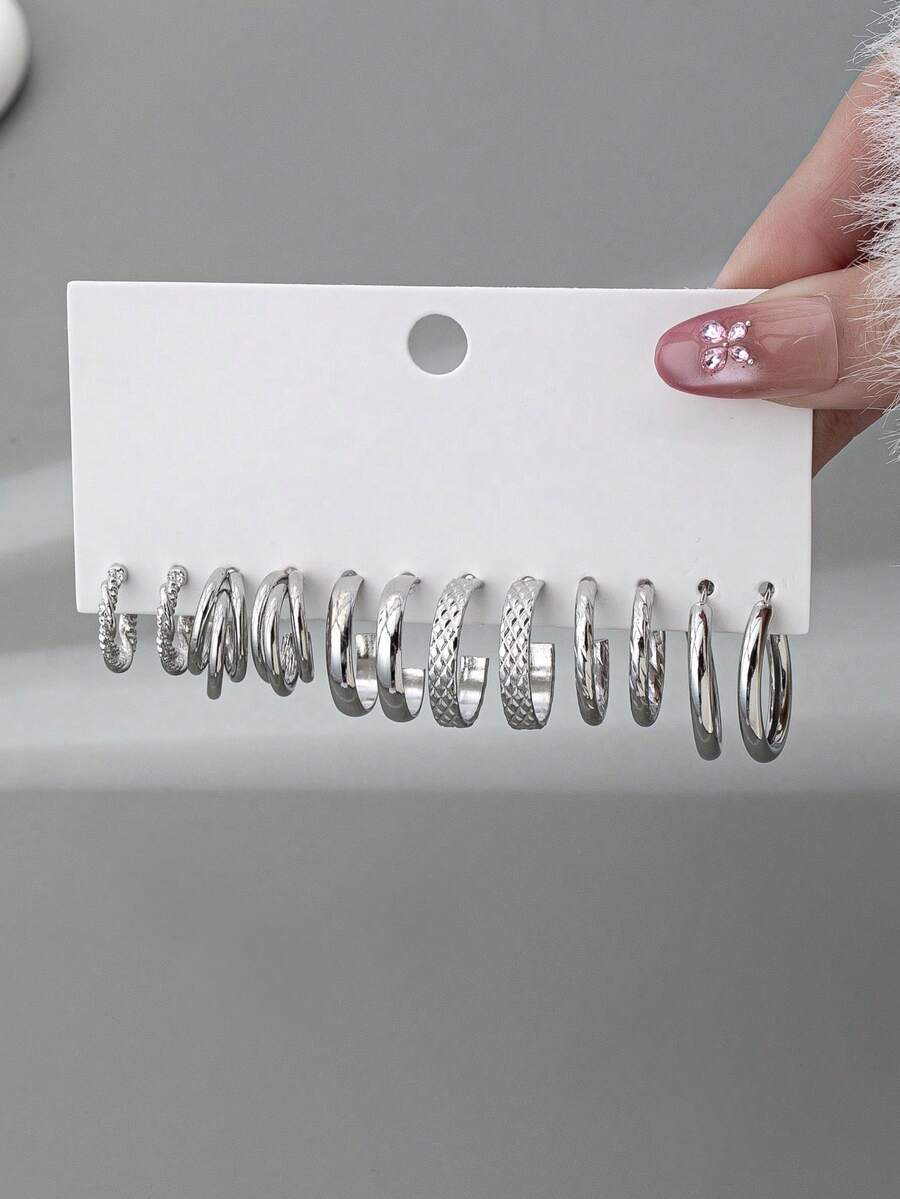 6 Pairs Minimalist Geometric Diamond Smooth Small Hoop Earrings Set - Silver - View 1