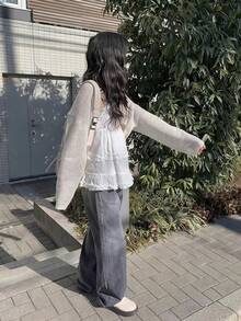 女士短款针织开衫披肩外套 - 杏色 - 查看 7