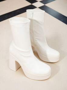 Women's Chunky Platform Ankle Boot High Block Heels Square Toe Lightweight Comfort Party Dress Booties Shoes For Women Women's Chunky Platform Ankle Boot High Block Heels Square Toe Lightweight Comfort Party Dress Booties Shoes For Women - TRẮNG/PU - Xem 2