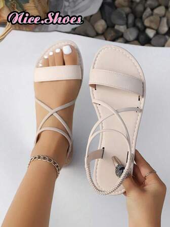 女士新款圆头休闲编织一脚蹬平底拖鞋，系带简约平底凉鞋，时尚简约凉鞋，适合旅行和海滩穿着，白色、棕色、黑色、豹纹、花卉图案