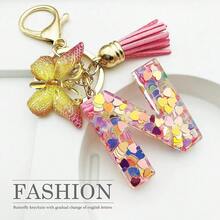 JINGUAZI Initial Letter Keychains For Women Tassel Butterfly Pink Purple Cute Car Keychain For Wallet Backpack Bag Charm{Inchcolor_nameinch:InchN-Pinkinch} - N-粉紅色 - 查看 3