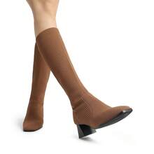 Women's Square Toe Chunky Heel  Knee High Boots Stretchy Fit Ribbed Upper Fashionable Tall Boots - 棕色 - 查看 6