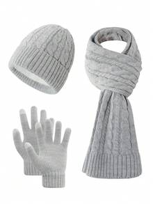 3pcs Men's Fashion Simple Solid & Striped Knit Jacquard Beanie, Scarf And Gloves Set, Soft Thermal Lined Warm Accessories For Autumn/Winter Outdoor, Casual, Travel Winter Warm