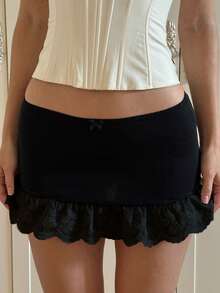 Women Mini Skirt, Low Waist Bottoms Lace Patchwork Slim Fit Summer Bodycon Y2k Skirt Elastic Waist Ruffle A Line Skirt Clubwear For Party Streetwear - 黑色 - 查看 4