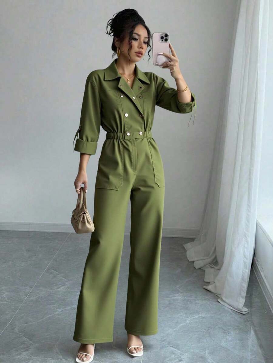 Mono para mujer unicolor tipo cargo y cuello camisero básico de moda ligero para uso casual o diario - Verde militar - Ver 1