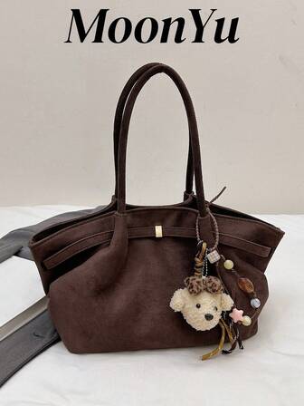 女士单肩包，时尚篮子包，褶皱仿麂皮大容量手提包，可爱动物挂饰，咖啡色