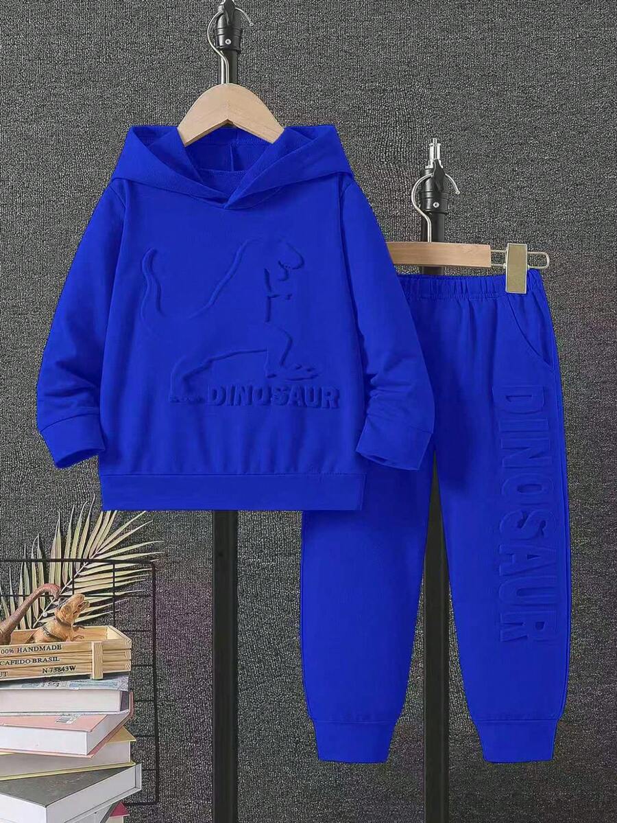 2pcs Young BoyCasual 3D Dinosaur Pattern Hooded Sweatshirt And Pants Set, Spring/Autumn - Blue - View 1