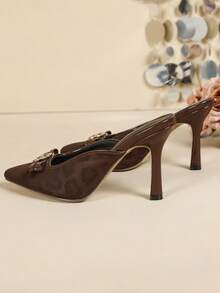 Women's New Brown Crystal Bow Pointed Toe High Heel Mules, Fashion Party Shoes,Burgundy Heels - Brown - View 7