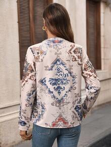 T-shirt à manches longues col V confortable avec imprimé géométrique rétro occidental, convient pour toutes les saisons - Multicolore - Voir 2