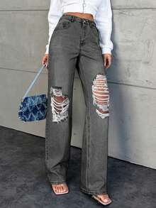 wide leg jeans mujer Vaqueros cortos de poliéster para mujer, estilo casual, de pierna recta, lavados y con roturas, ligeramente elásticos. - Gris - Ver 1