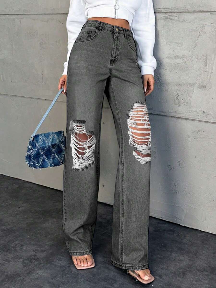 wide leg jeans mujer Vaqueros cortos de poliéster para mujer, estilo casual, de pierna recta, lavados y con roturas, ligeramente elásticos. - Gris - Ver 1