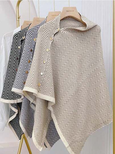 1pc Wavy Stud Button Contrast Color Shawl Collar Jacket