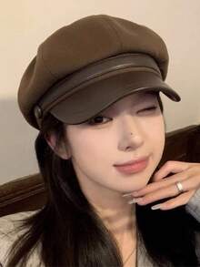 新款女士贝雷帽，韩版休闲八角帽，复古艺术报童帽，修饰小脸型，纯色休闲涤纶纤维帽，秋冬季 - 帽子 - 查看 1