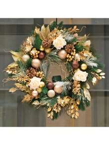 Artificial Champagne Gold Christmas Wreath, 40cm/15.8in Christmas Garland Realistic Evergreen Front Door Outdoor Wreath With Ball Ornaments, Flower, Roses Berries Golden Leaves Ribbon Pine Cones, Door Ring Decor Christmas Decorations, Christmas Presents Christmas Gifts For Women