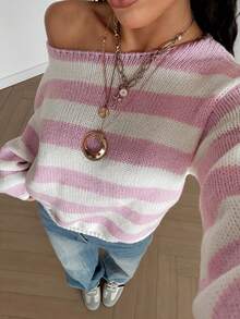 Women's Cute Casual Long Sleeve Off-Shoulder Sweater Striped Pink Knitted Sweater Top Pullover Homecoming Fall Winter Going Out Outfits Clothes Suitable For Daily Wear