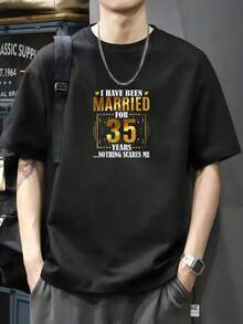 Llevo 35 años casado - Camiseta del 35º aniversario de boda Camiseta de manga corta de algodón de 220 g, impresión por una cara - Negro - Ver 1