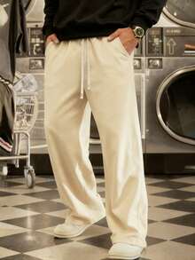 1 件男士抽绳腰宽松阔腿休闲运动裤，秋冬 - 棕色 - 查看 2