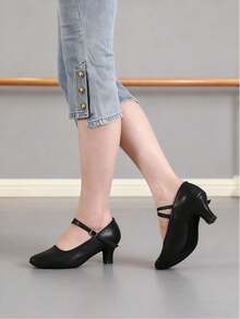 Black Latin Ballroom Dance Shoes For Women, Slip-On And Buckle Design, Soft Flexible Sole For Indoor Floor Training Practice Performance