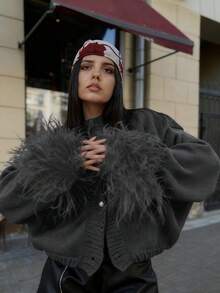 节日红色毛绒袖口休闲开衫，配金属纽扣，适合圣诞节、新年、节日穿着 - 灰色 - 查看 5