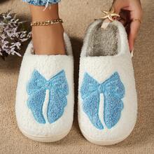 Pantoufles femme en peluche chaude avec nœud, à la mode et mignonnes pour la chambre, confortables et décontractées pour l'hiver