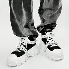 SLnU3 3pcs Men's Fashionable Thick Sole Elevated Motorcycle Boots, Punk Street Preppy Casual Style, Personalized Accessories Decoration, Interchangeable, Metal Eyelets Lace-Up Side Zipper, Simple Design Suitable For Outdoor All Seasons Versatile - Black and White - View 3