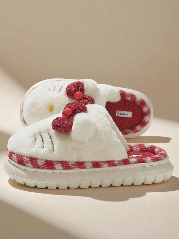 Kapcie z motywem kokardy 3D z motywem kota – gruba, miękka, pluszowa wyściółka, eleganckie kapcie księżniczki do domu/imprezy, ulepszona, cicha, miękka, nienagrzewająca się podeszwa, oddychające, bezzapachowe, nowość zimowa 2025, puszyste kapcie Hello Kitty, kapcie damskie, dla par, różowo-brązowo-czarne