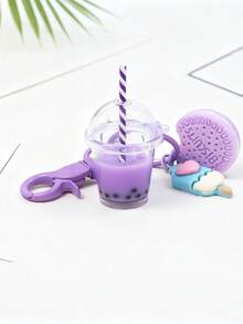 Sweet Pink Ice Cream & Bubble Tea Keychain Set - Cute Biscuit Keyrings For Girls Girl Handbag Purse Jewelry Friendship Gift - Purple - View 7