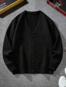 1 Áo len cardigan màu trơn cho bé trai, giản dị & đơn giản, phù hợp cho mùa thu/đông - màu đen - Xem 7