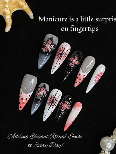 手工佩戴的细高跟美甲，3D热带花卉雕刻，多巴胺色，手绘渐变扎染，自制按压式美甲，手工亚克力美甲，3D手绘多巴胺色浮雕雕刻