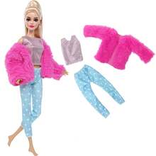 5 pièces Ensemble de vêtements d'hiver pour poupées, veste en peluche, jupe tricotée, pull, pantalon, ensemble de chapeau. Convient pour les poupées de 11,5 pouces. Parfait pour les tenues d'hiver quotidiennes des poupées. Cadeau idéal pour la Journée des enfants/Noël/anniversaire et autres occasions spéciales (poupées non incluses) - Rose bonbon - Voir 5