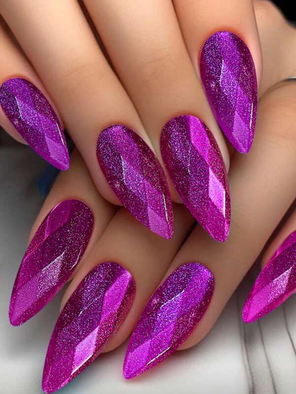 Adesivos de unhas de comprimento médio em formato amendoado com estampa, design de diamante 3D, unhas postiças brilhantes roxas estilo olho de gato, unhas acrílicas coloridas para mulheres, conjunto com 24 peças