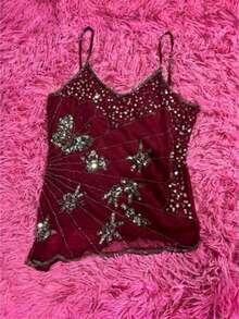 Women Y2k Fairy Sequin Butterfly Cami Tops Sleeveless Spaghetti Strap Mesh Sheer Crop Tank Tops See Through Camisole Summer Slim Fitted Shirt Vintage Aesthetic Clothes 2000S Streetwear - 酒紅色 - 查看 1