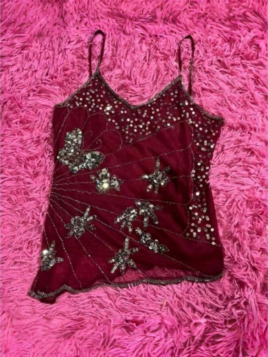 Women Y2k Fairy Sequin Butterfly Cami Tops Sleeveless Spaghetti Strap Mesh Sheer Crop Tank Tops See Through Camisole Summer Slim Fitted Shirt Vintage Aesthetic Clothes 2000S Streetwear - 酒紅色 - 查看 1
