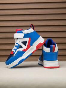 1 par de zapatillas deportivas de caña alta para niños, de piel sintética (PU), para uso interior/exterior, calzado casual y de running, de fácil calzado, antideslizante, transpirable, cómodo, diseño de colores patchwork, calzado deportivo unisex de moda