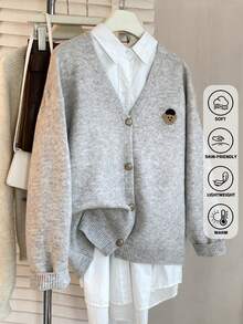 JIANHU V-Neck Knit Cardigan With Hedgehog Embroidery Decor - Comfortable Button-Up Sweater, Suitable For Christmas And Holiday Wear - Beige - View 6