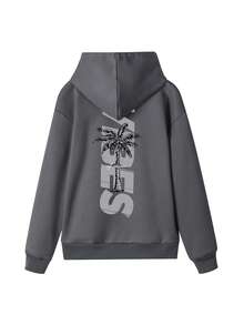 女士印花长袖抽绳连帽卫衣，带口袋，休闲宽松套头衫，时尚冬季服装，适合日常穿着 - 深灰 - 查看 3