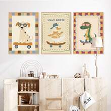 1pc, Canvas Wall Art, Framed Nursery Wall Art Charming Illustrations, Whimsical Children's Wall Decor Featuring Ducks, Dinosaurs And Puppies Adorable Animal Wall Art, Dreamy Nursery Decor Ideal For Children's Rooms, Nurseries, Playrooms, Kindergartens, Boys' Rooms, Girls' Rooms And Play Areas Waterproof. Perfect Party Gift - Multicolor - View 10