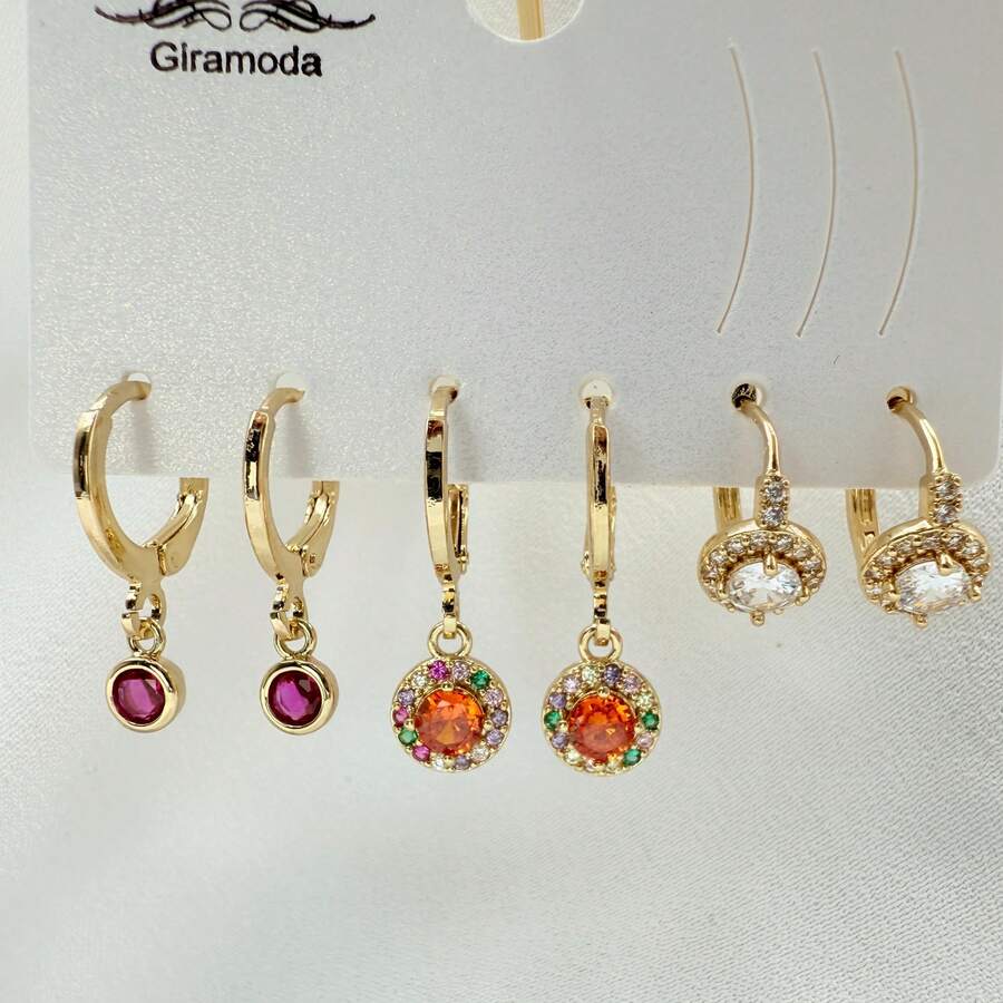 Necklace With 3 Pairs Of Women's Earrings Plated In 18K Gold And 925 Silver With Heart Design, Hoop And Colorful Cubic Zirconia - Modern And Elegant Style - B156. - 查看 1