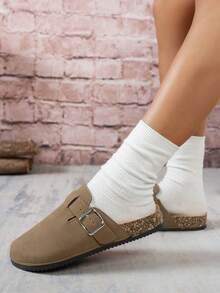 女士休闲纯色绒面革一脚蹬穆勒拖鞋，有保暖内衬和非保暖内衬版本 - 深棕色1 - 查看 3