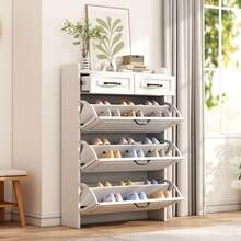 Schuhschrank mit 3 großen Klappen und 2 Schubladen, Holz, Aufbewahrungsmöbel für Eingangsbereich und Wohnzimmer, Schuhregal mit Klappen und Schubladen,B80/T23.5/H131 cm - Weiss - Übersicht 2