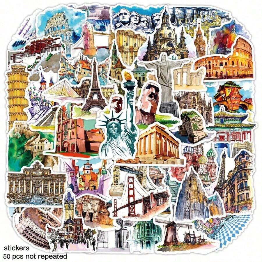 50pcs Famous World Architecture Stickers,Suitable For Decoration On Skateboards,Computers,Desktops,DIY,Stickers,Sticker,Scrapbook Supplies - Multicolor - View 1